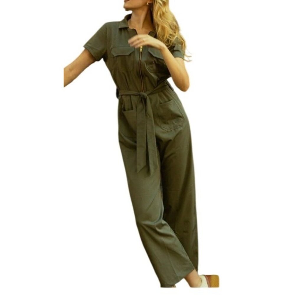 Albion Jumpsuit Women's XS Olive Belted Waist Short Sleeves Front Zipper Closure